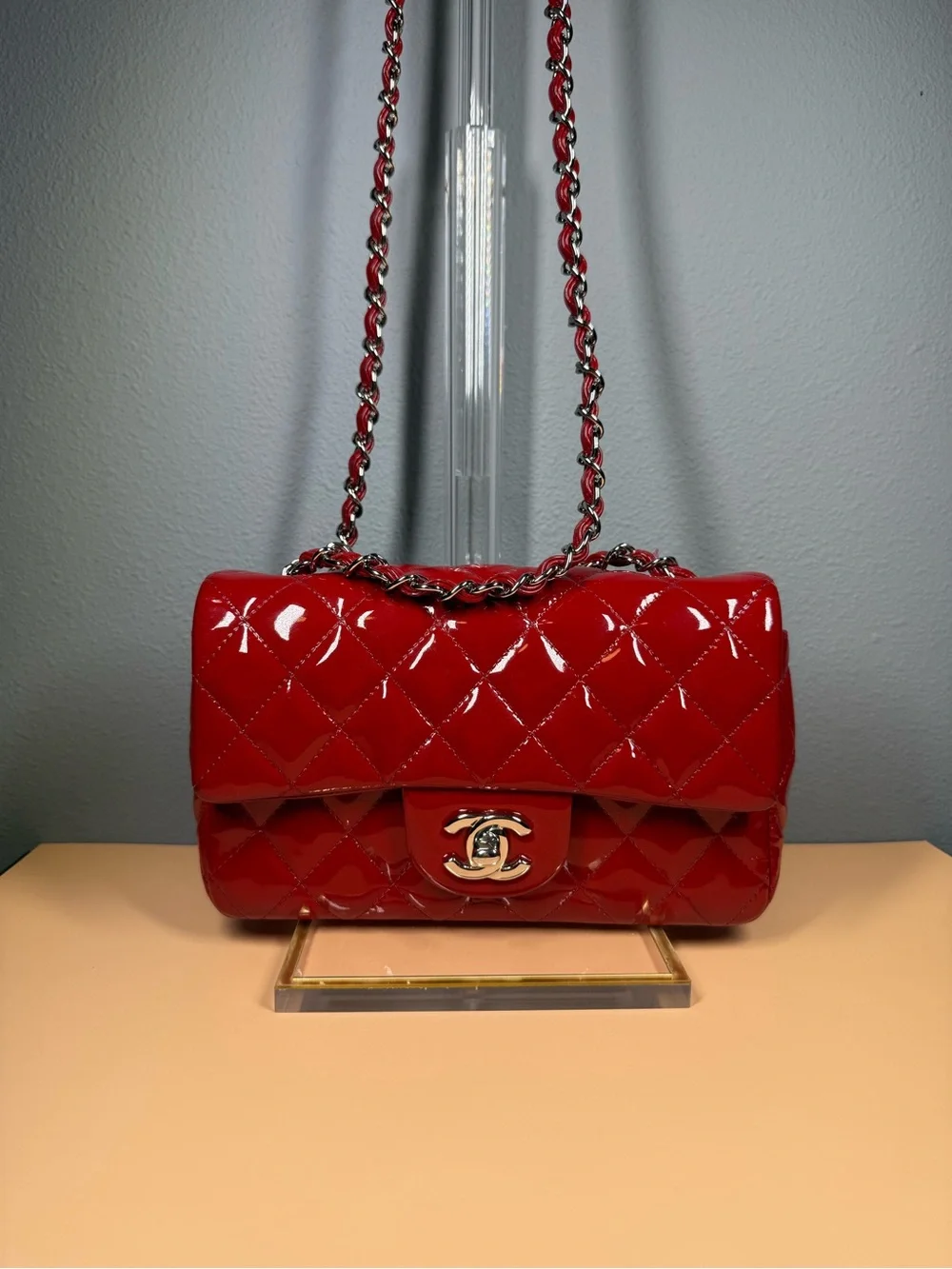 Chanel Red Quilted Patent Leather Classic Rectangular Mini Flap Bag